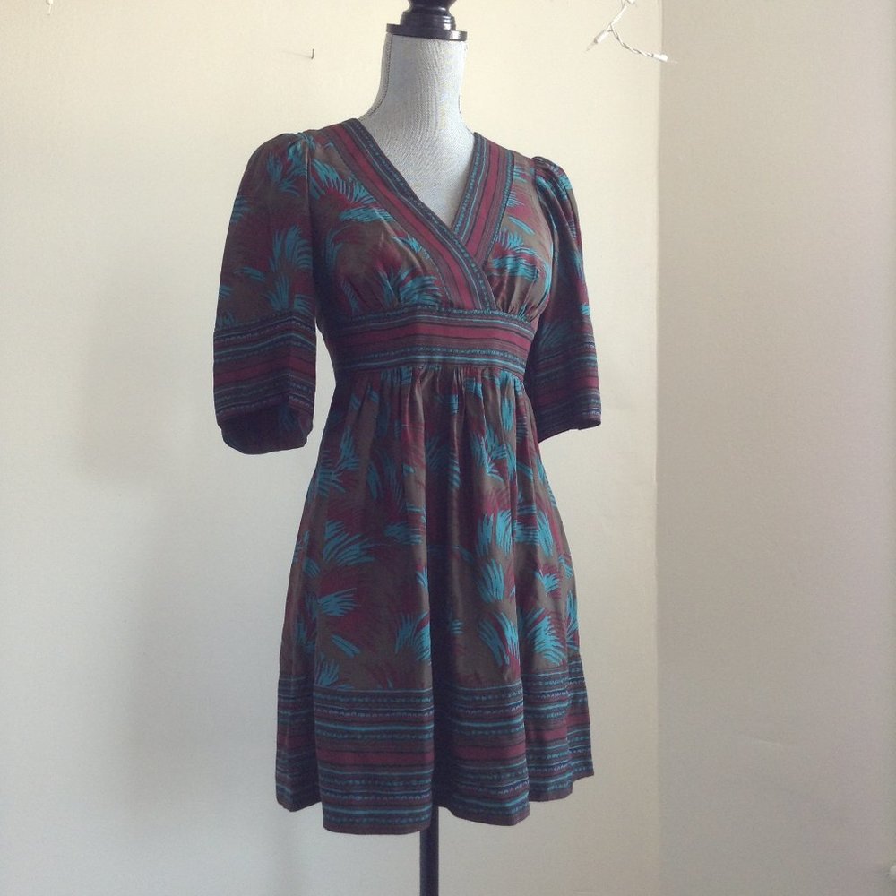 BETSEY JOHNSON V-NECK EMPIRE WAIST PRINT GREEN SHORT MINI DRESS 3/4 LONG SLEEVE - Picture 2 of 11